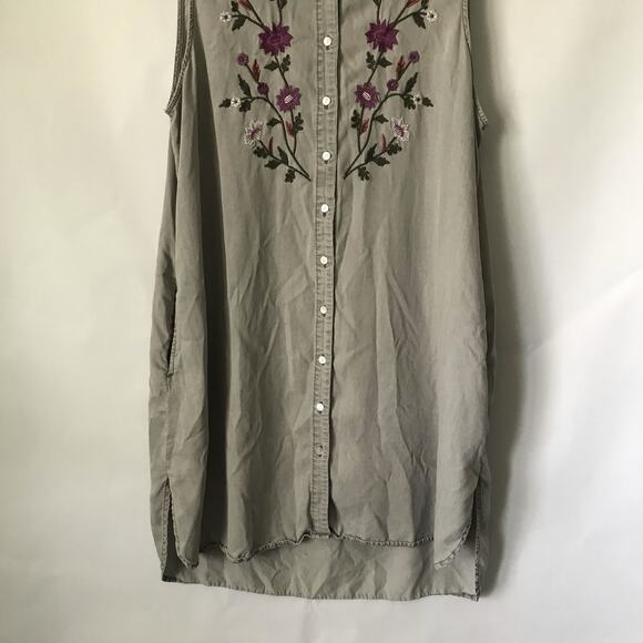 Terre Bleue Dress Size XL Womens Gray Button Up Sleeveless Embroidery Floral - Picture 5 of 8